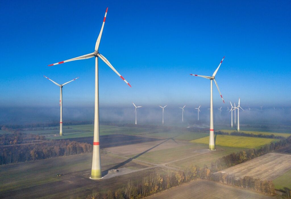 Aerial view of wind turbines